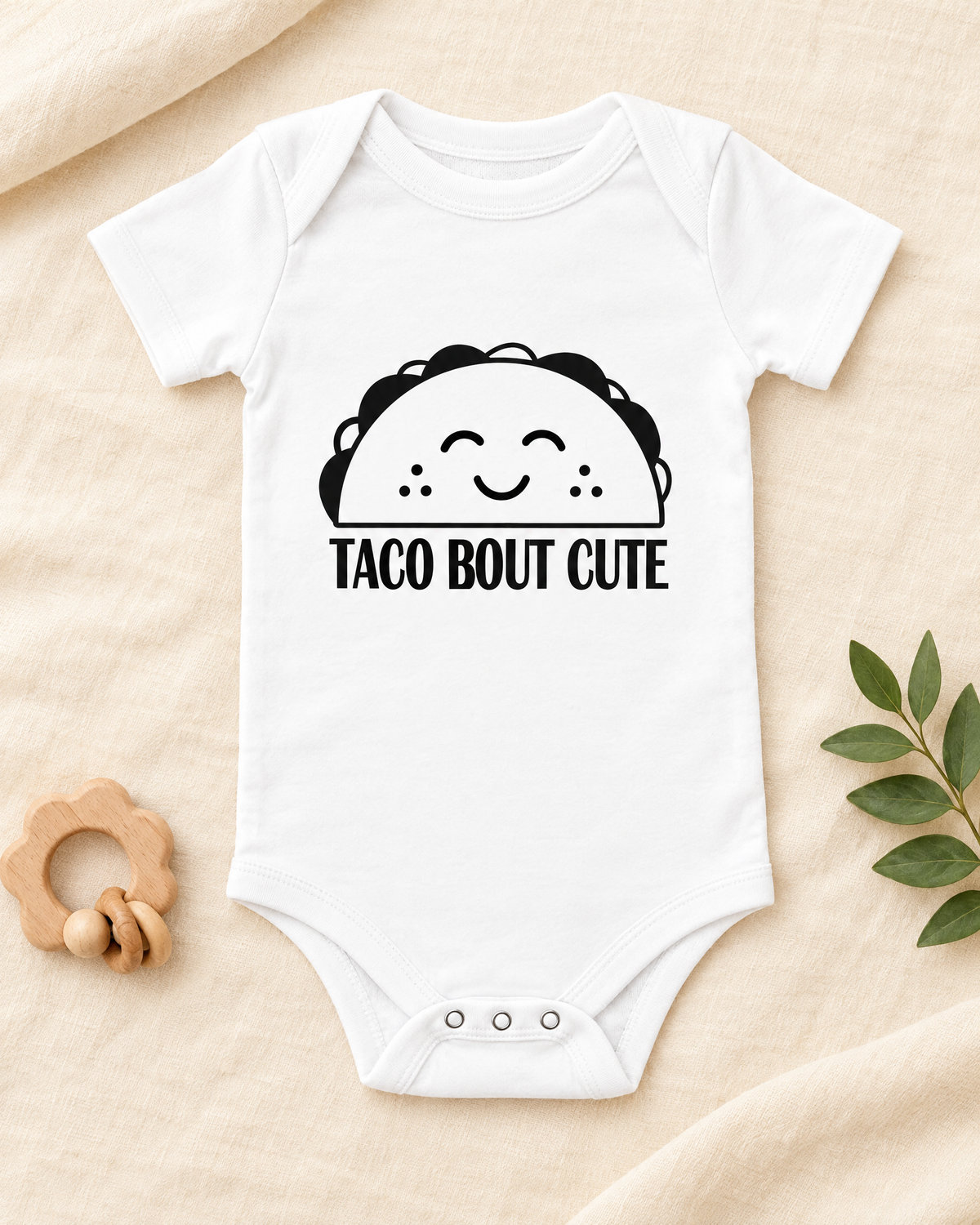 Taco Bout Cute white baby bodysuit flat lay, cute taco baby onesie gift