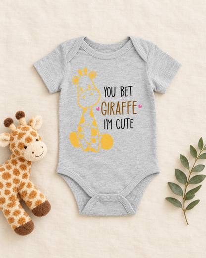 You Bet Giraffe I'm Cute Baby Bodysuit in heather grey, flat lay - cute baby bodysuit gift idea, Cartsy