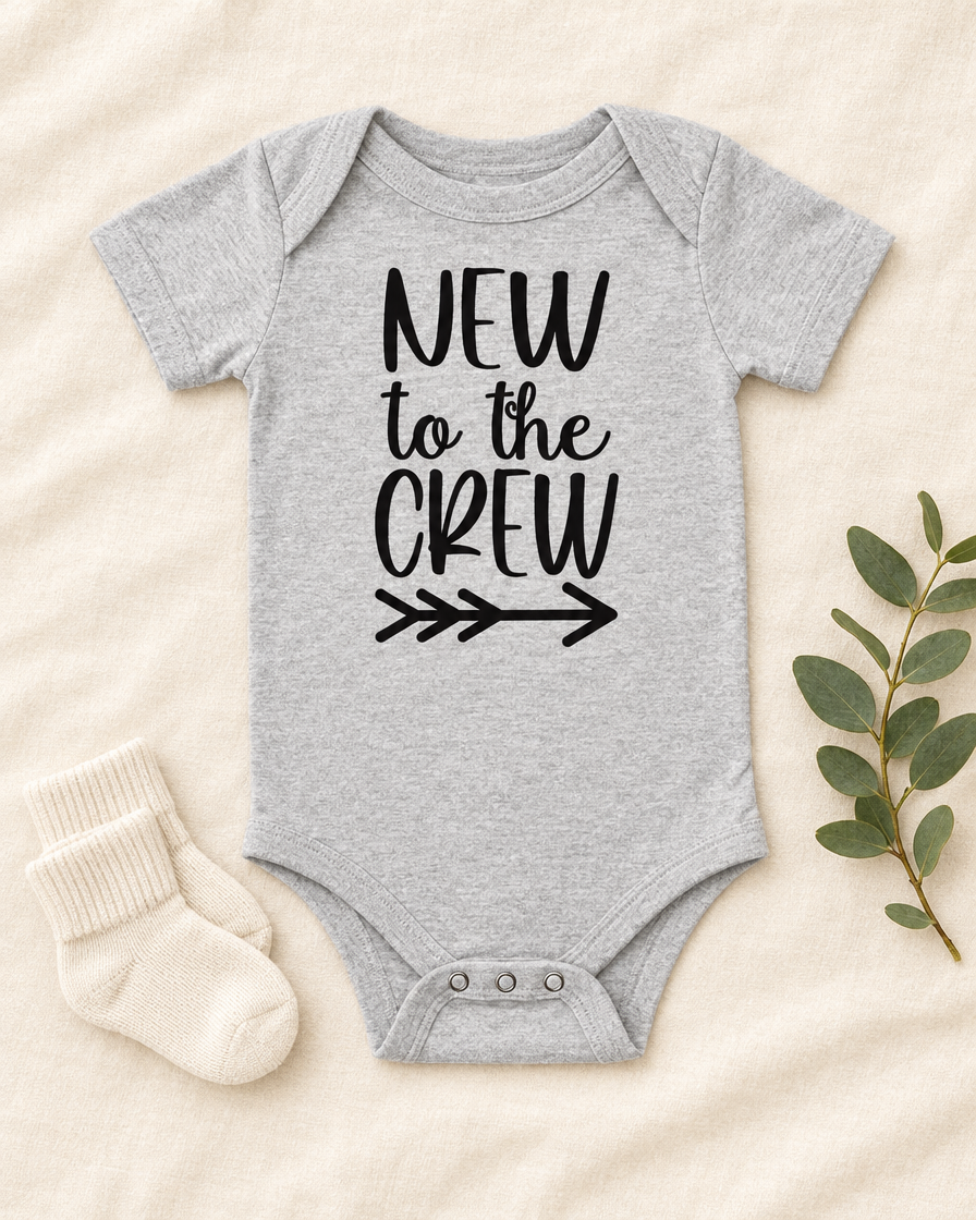 New to the Crew Baby Bodysuit in heather grey, flat lay - cute baby bodysuit gift idea, Cartsy
