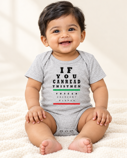 Baby wearing heather grey If You Can Read This Eye Chart Baby Bodysuit - funny baby bodysuit with cute graphic, Cartsy