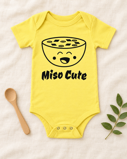 Miso Cute Baby Bodysuit in yellow, flat lay - cute baby bodysuit gift idea, Cartsy