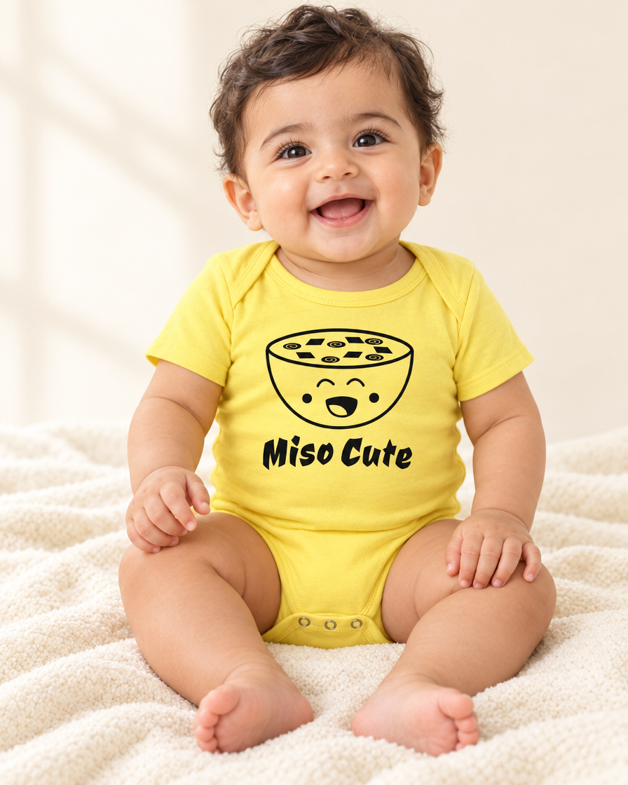 Baby wearing yellow Miso Cute Baby Bodysuit - funny baby bodysuit with cute graphic, Cartsy