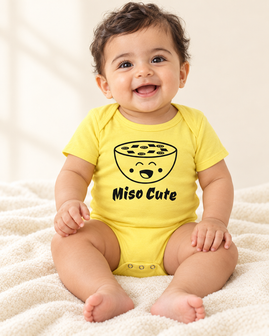 Baby wearing yellow Miso Cute Baby Bodysuit - funny baby bodysuit with cute graphic, Cartsy