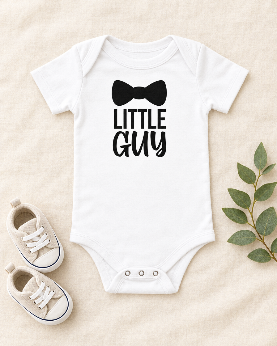Little Guy Bow Tie Baby Bodysuit in white, flat lay - cute baby bodysuit gift idea, Cartsy
