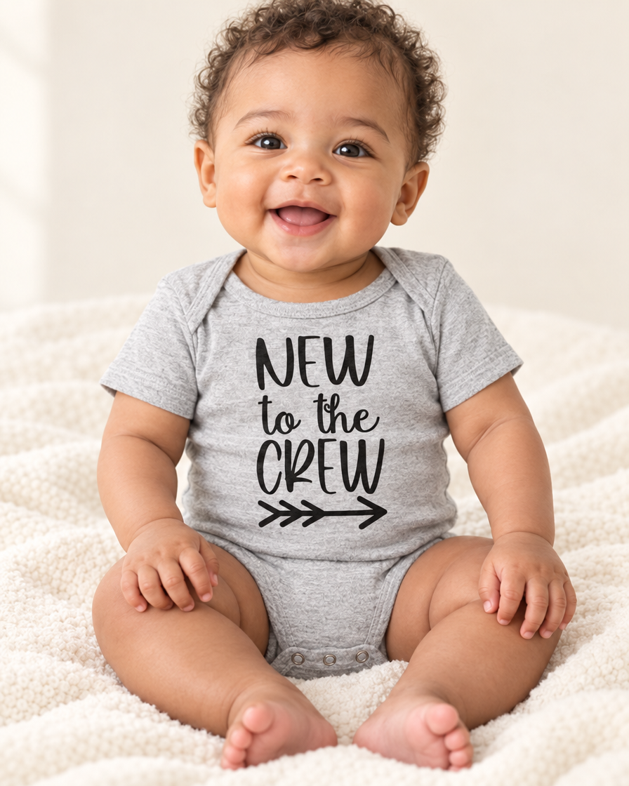 Baby wearing heather grey New to the Crew Baby Bodysuit - funny baby bodysuit with cute graphic, Cartsy