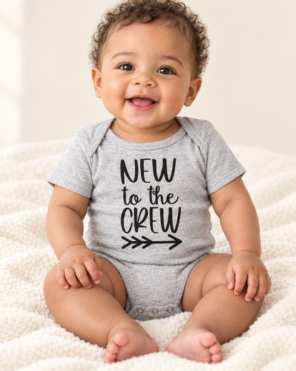 Baby wearing heather grey New to the Crew Baby Bodysuit - funny baby bodysuit with cute graphic, Cartsy