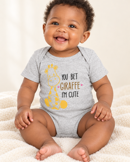 Baby wearing heather grey You Bet Giraffe I'm Cute Baby Bodysuit - funny baby bodysuit with cute graphic, Cartsy