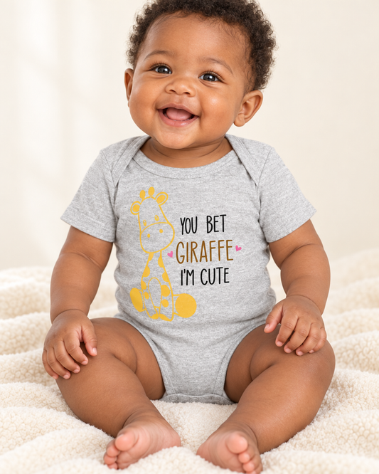 Baby wearing heather grey You Bet Giraffe I'm Cute Baby Bodysuit - funny baby bodysuit with cute graphic, Cartsy