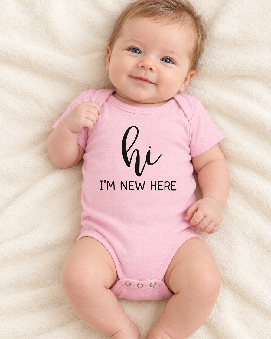Baby wearing pink Hi I'm New Here Newborn Baby Bodysuit - funny baby bodysuit with cute graphic, Cartsy