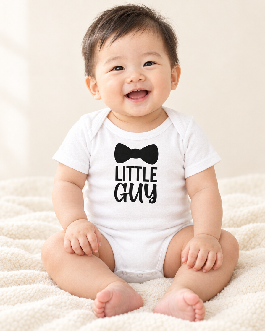 Baby wearing white Little Guy Bow Tie Baby Bodysuit - funny baby bodysuit with cute graphic, Cartsy