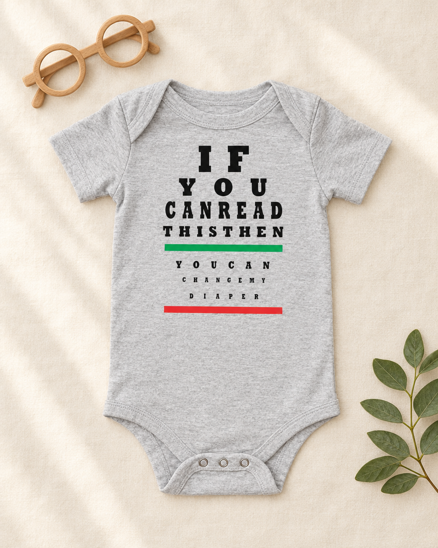 If You Can Read This Eye Chart Baby Bodysuit in heather grey, flat lay - cute baby bodysuit gift idea, Cartsy