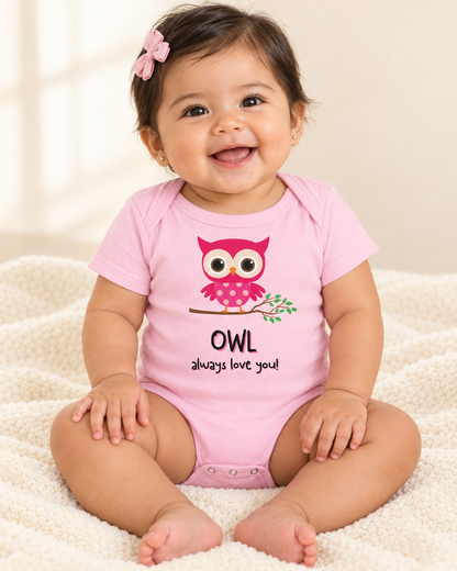 Baby wearing pink Owl Always Love You Baby Bodysuit - funny baby bodysuit with cute graphic, Cartsy