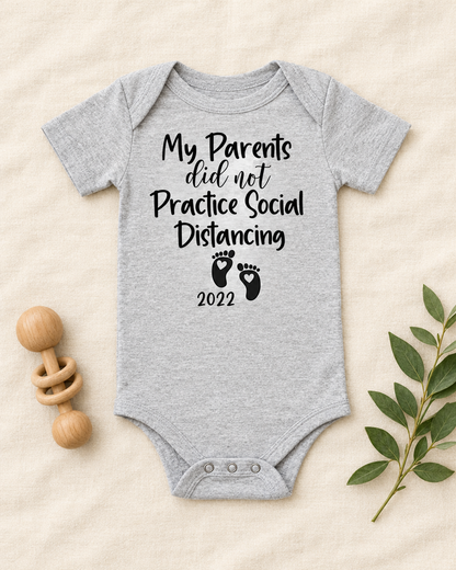 My Parents Did Not Practice Social Distancing Baby Bodysuit in heather grey, flat lay - cute baby bodysuit gift idea, Cartsy