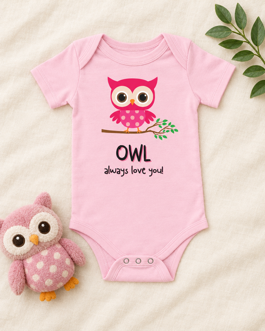 Owl Always Love You Baby Bodysuit in pink, flat lay - cute baby bodysuit gift idea, Cartsy