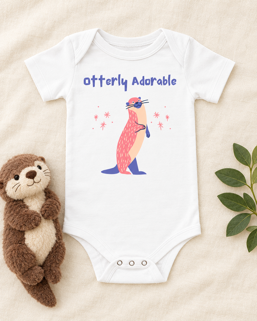 Otterly Adorable Otter Baby Bodysuit in white, flat lay - cute baby bodysuit gift idea, Cartsy