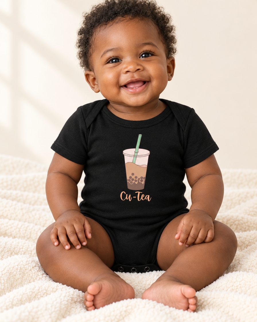 Baby wearing black Cu-Tea Boba Tea Baby Bodysuit - funny baby bodysuit with cute graphic, Cartsy