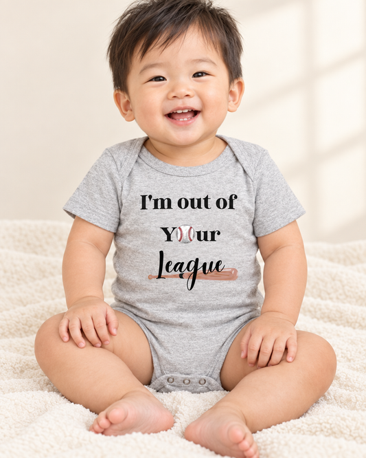 Toddler wearing heather grey I'm Out of Your League Baseball Toddler Bodysuit - funny toddler bodysuit with cute graphic, Cartsy