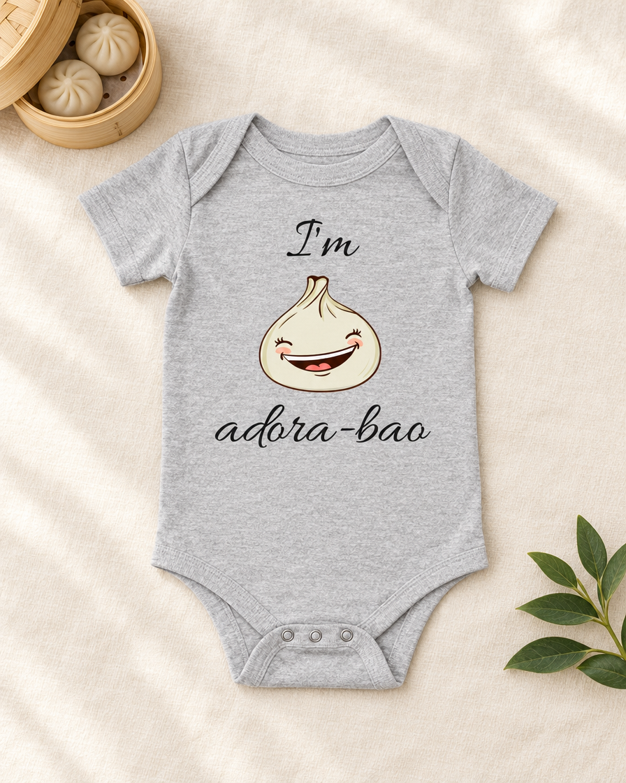 I'm Adora-Bao Dumpling Baby Bodysuit in heather grey, flat lay - cute baby bodysuit gift idea, Cartsy
