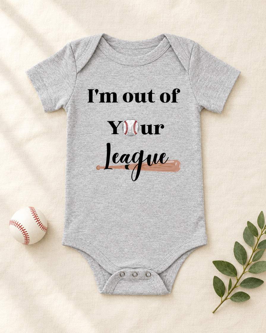 I'm Out of Your League Baseball Toddler Bodysuit in heather grey, flat lay - cute toddler bodysuit gift idea, Cartsy