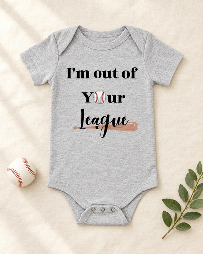 I'm Out of Your League Baseball Toddler Bodysuit in heather grey, flat lay - cute toddler bodysuit gift idea, Cartsy