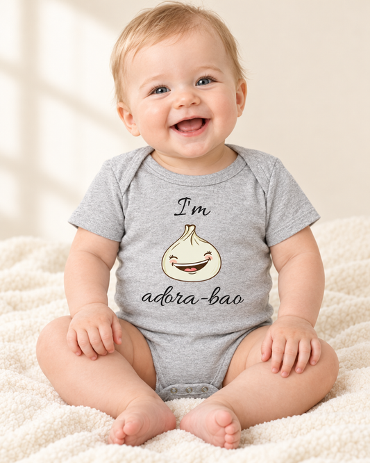 Baby wearing heather grey I'm Adora-Bao Dumpling Baby Bodysuit - funny baby bodysuit with cute graphic, Cartsy