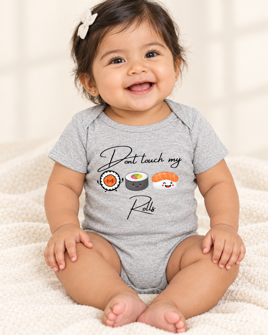 Baby wearing heather grey Don't Touch My Rolls Sushi Baby Bodysuit - funny baby bodysuit with cute graphic, Cartsy