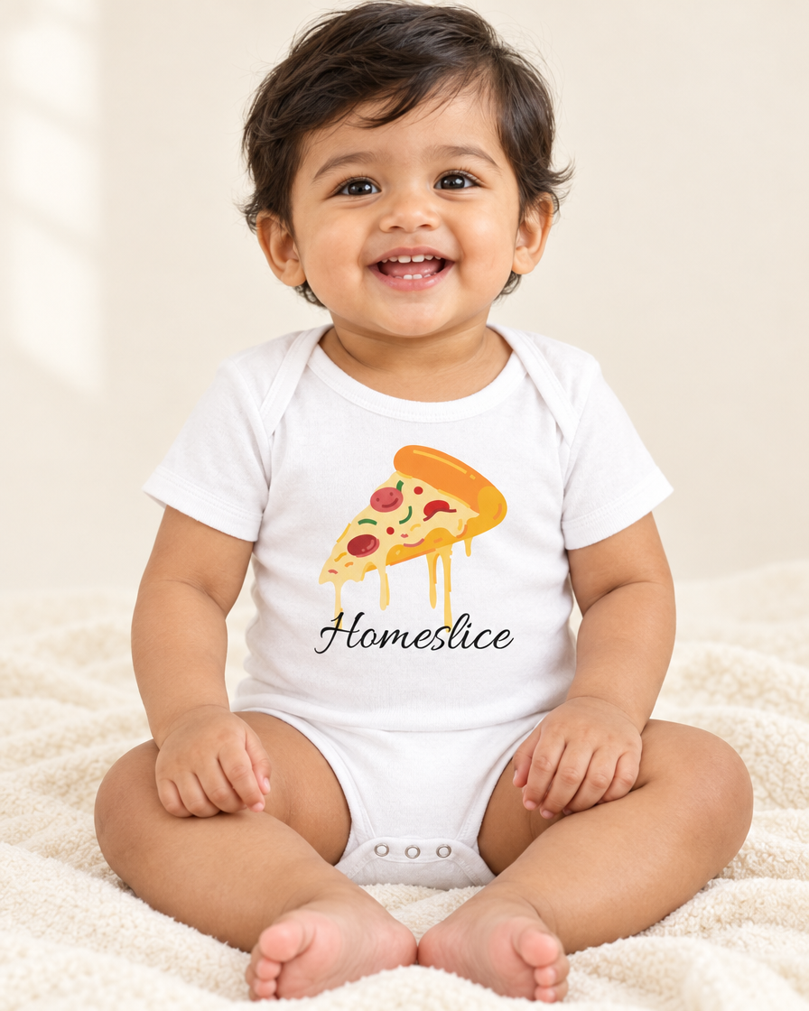 Toddler wearing white Home Slice Pizza Toddler Bodysuit - funny toddler bodysuit with cute graphic, Cartsy