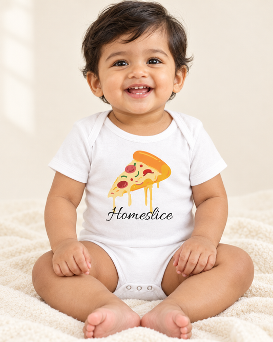 Toddler wearing white Home Slice Pizza Toddler Bodysuit - funny toddler bodysuit with cute graphic, Cartsy