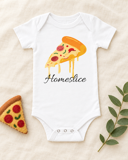Home Slice Pizza Toddler Bodysuit in white, flat lay - cute toddler bodysuit gift idea, Cartsy