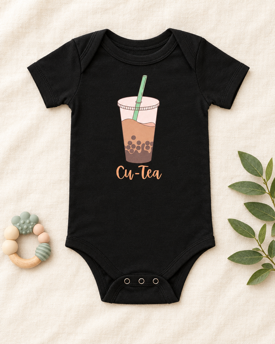 Cu-Tea Boba Tea Baby Bodysuit in black, flat lay - cute baby bodysuit gift idea, Cartsy