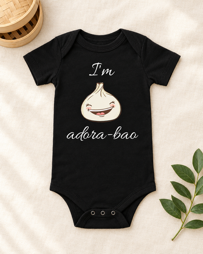 I'm Adora-Bao Dumpling Toddler Bodysuit in black, flat lay - cute toddler bodysuit gift idea, Cartsy