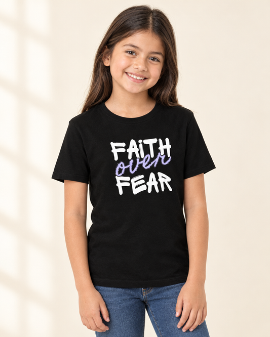 Kid wearing black Faith Over Fear Kids Organic Christian T-Shirt - funny kids t-shirt with cute graphic, Cartsy