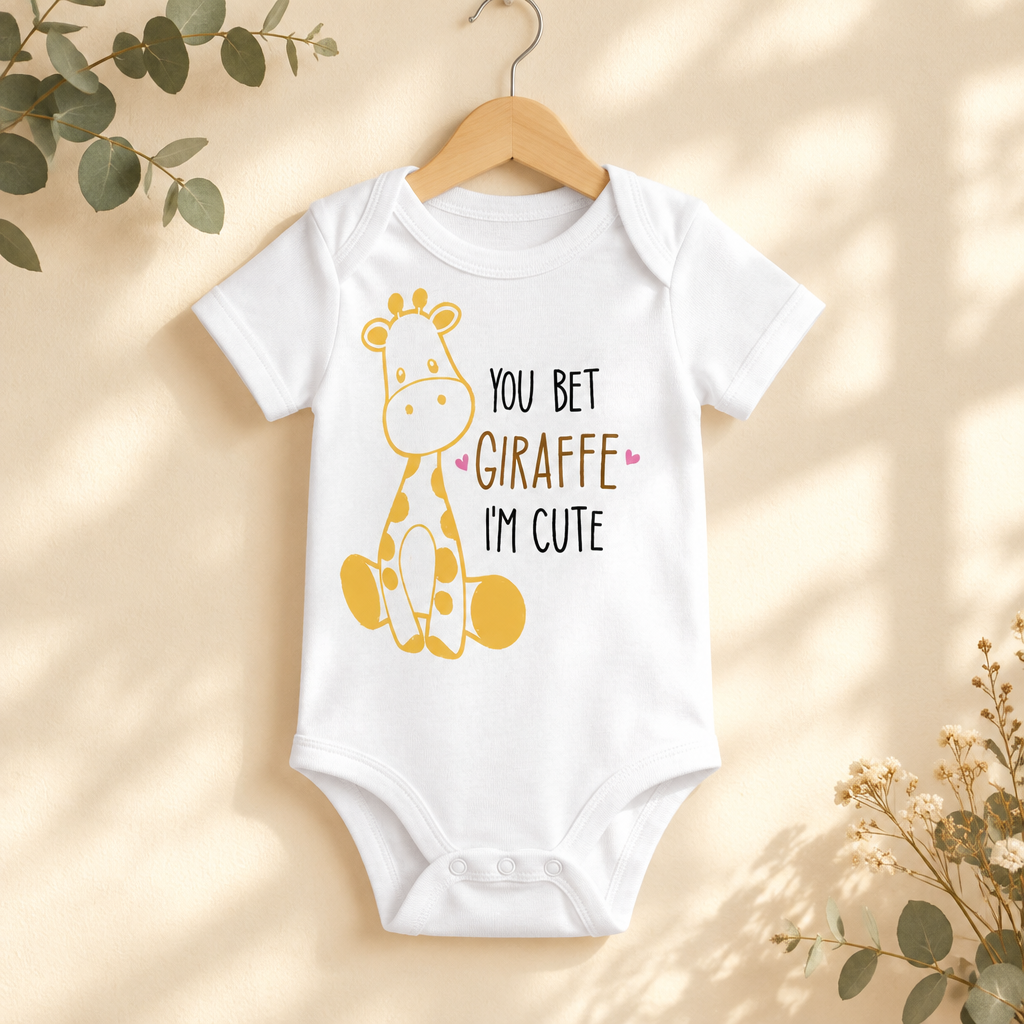 You Bet Giraffe I'm Cute Baby Bodysuit in White on a wooden hanger - Cartsy