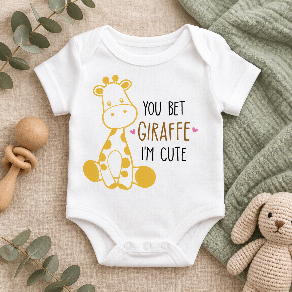 You Bet Giraffe I'm Cute Baby Bodysuit in White, folded flat lay - Cartsy