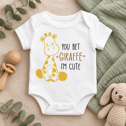 You Bet Giraffe I'm Cute Baby Bodysuit in White, folded flat lay - Cartsy