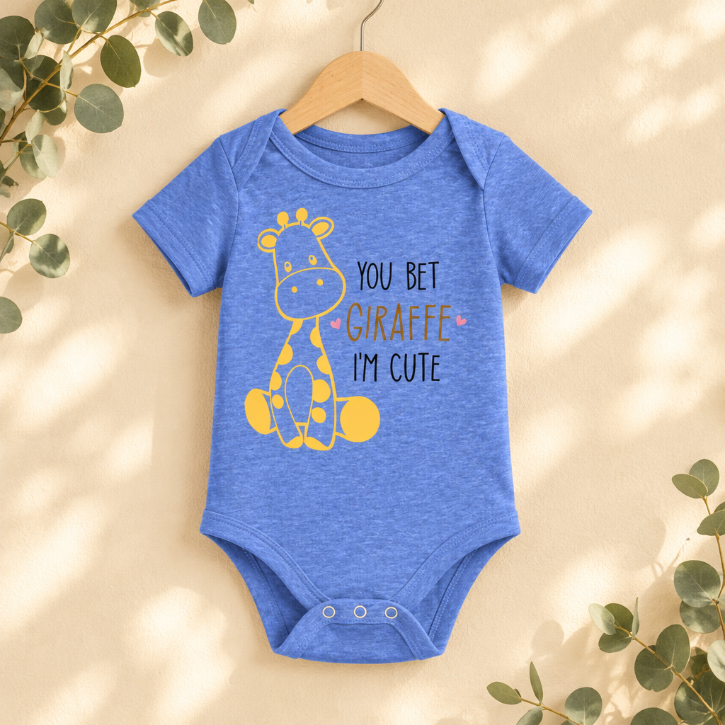 You Bet Giraffe I'm Cute Baby Bodysuit in Heather Columbia Blue on a wooden hanger - Cartsy