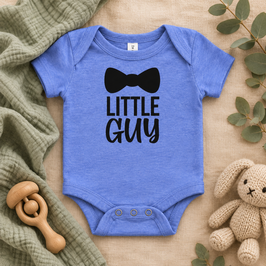 Little Guy Bow Tie Baby Bodysuit in Heather Columbia Blue, folded flat lay - Cartsy