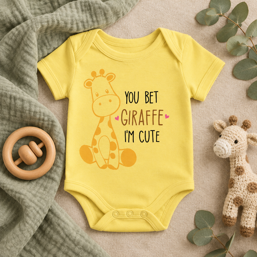 You Bet Giraffe I'm Cute Baby Bodysuit in Yellow, folded flat lay - Cartsy
