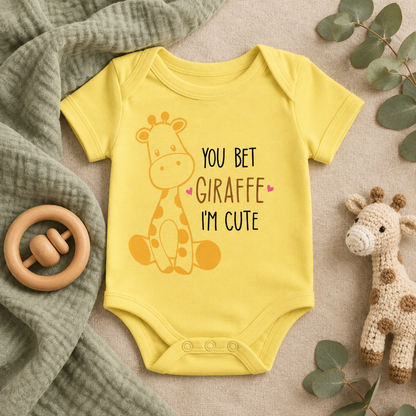 You Bet Giraffe I'm Cute Baby Bodysuit in Yellow, folded flat lay - Cartsy