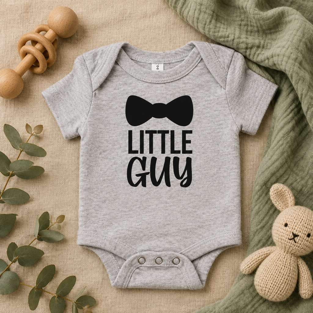 Little Guy Bow Tie Baby Bodysuit in Athletic Heather, folded flat lay - Cartsy