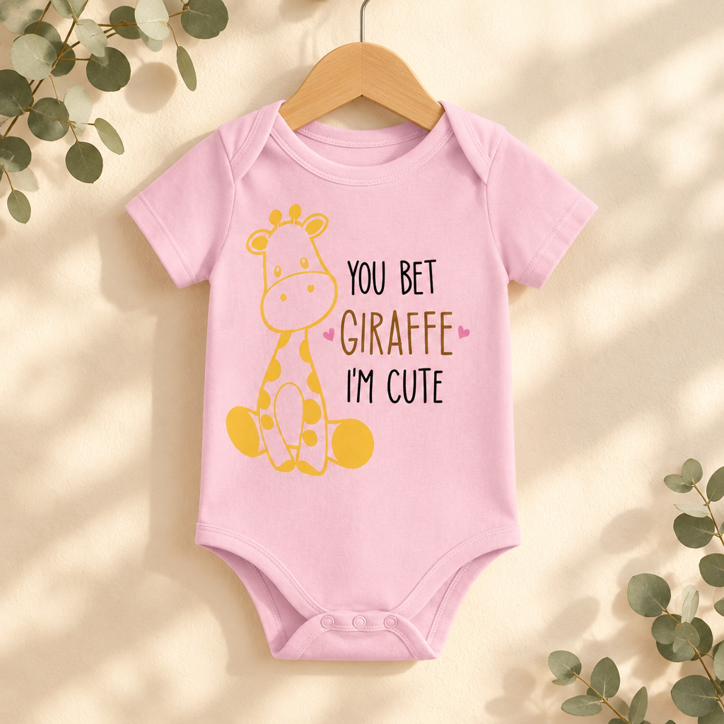 You Bet Giraffe I'm Cute Baby Bodysuit in Pink on a wooden hanger - Cartsy