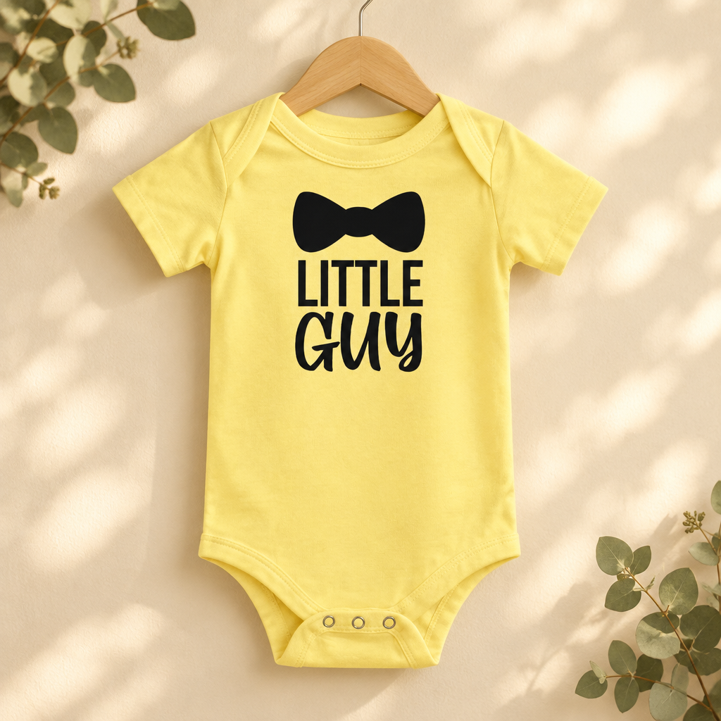 Little Guy Bow Tie Baby Bodysuit in Yellow on a wooden hanger - Cartsy