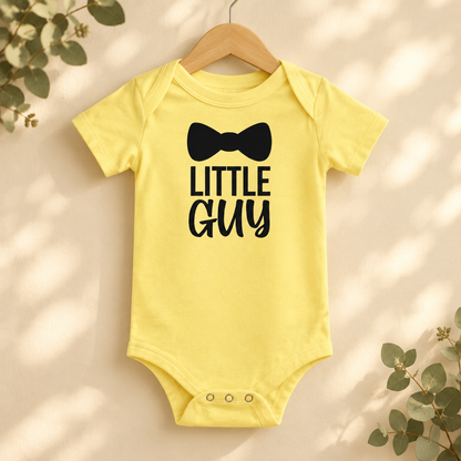 Little Guy Bow Tie Baby Bodysuit in Yellow on a wooden hanger - Cartsy