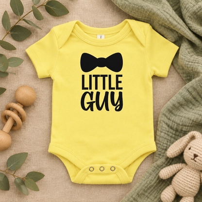 Little Guy Bow Tie Baby Bodysuit in Yellow, folded flat lay - Cartsy