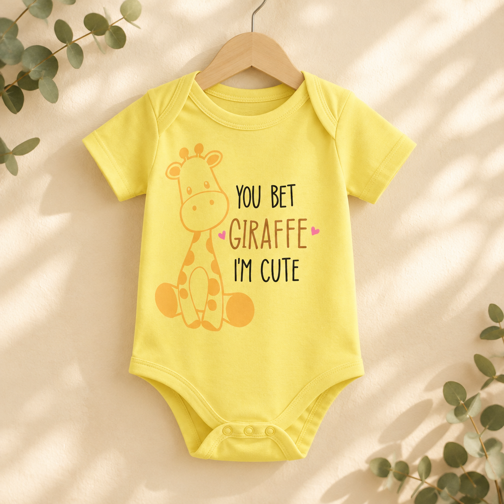 You Bet Giraffe I'm Cute Baby Bodysuit in Yellow on a wooden hanger - Cartsy