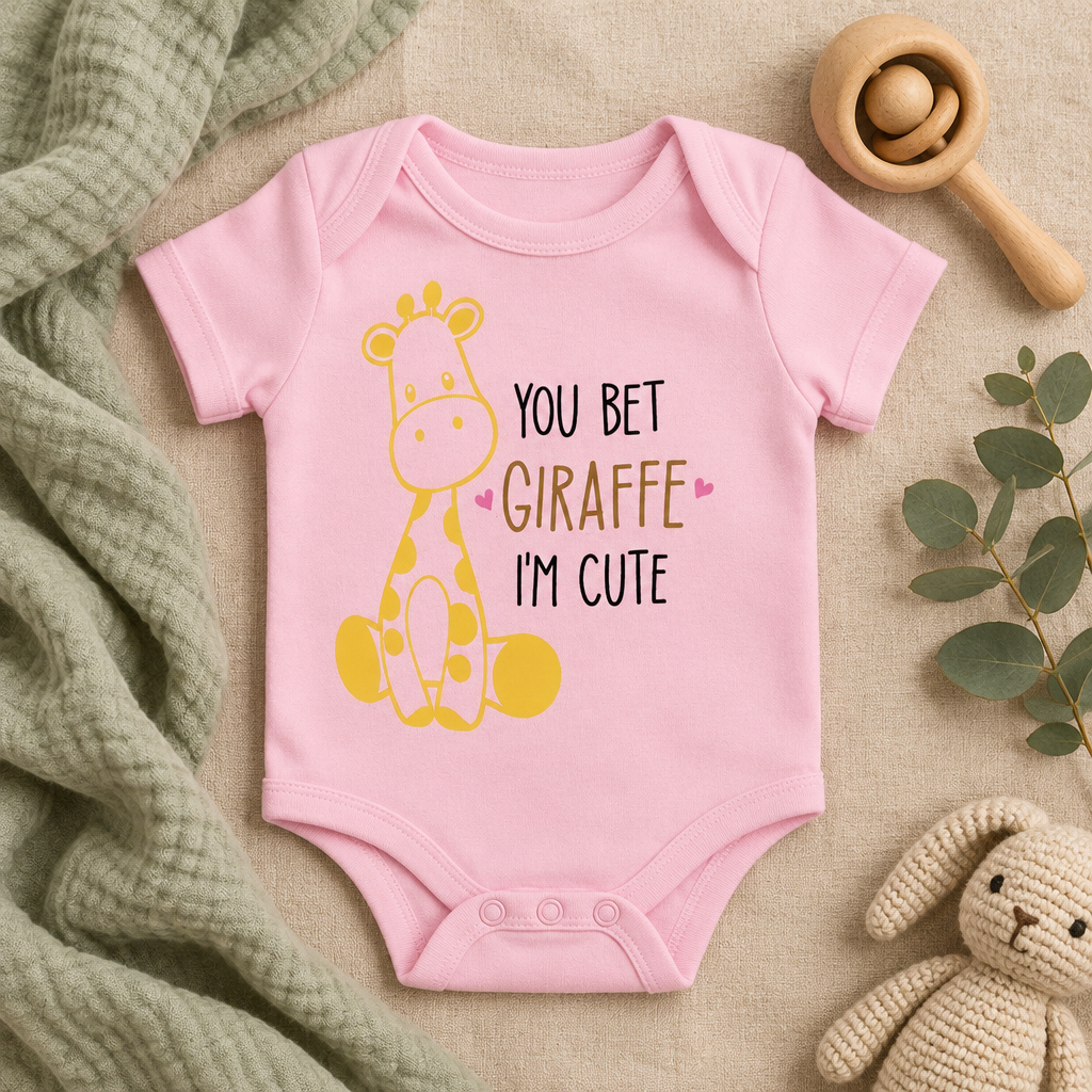 You Bet Giraffe I'm Cute Baby Bodysuit in Pink, folded flat lay - Cartsy