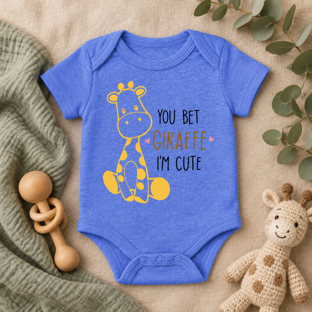 You Bet Giraffe I'm Cute Baby Bodysuit in Heather Columbia Blue, folded flat lay - Cartsy