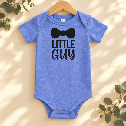 Little Guy Bow Tie Baby Bodysuit in Heather Columbia Blue on a wooden hanger - Cartsy