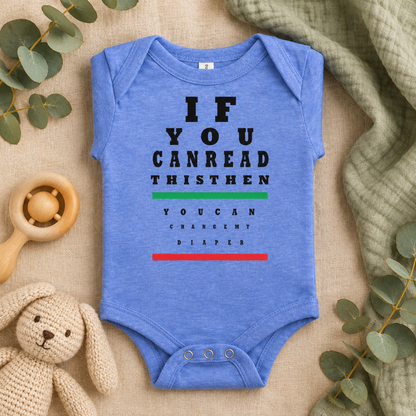 If You Can Read This Eye Chart Baby Bodysuit in Heather Columbia Blue, folded flat lay - Cartsy