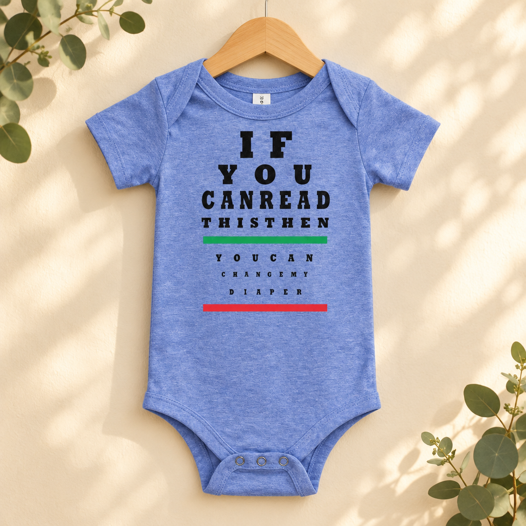 If You Can Read This Eye Chart Baby Bodysuit in Heather Columbia Blue on a wooden hanger - Cartsy